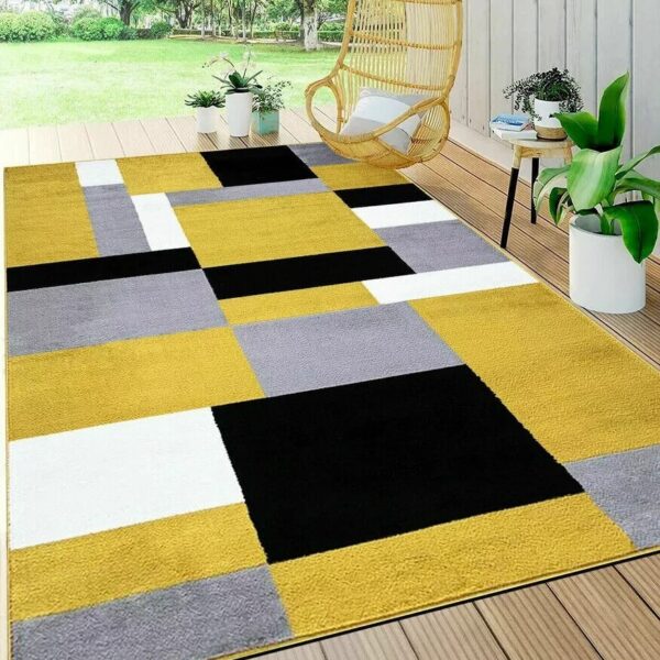 Beige Brown Kilas Modern Geometric Rug with mustard, black, grey and white blocks in a bright room Rugstars UK