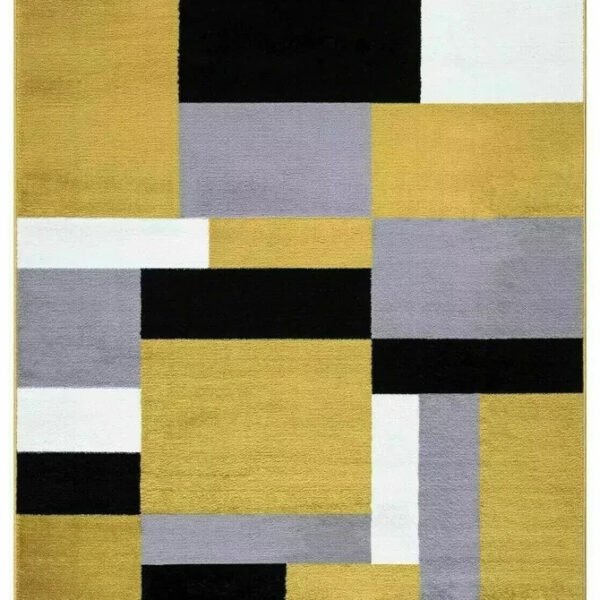Beige Brown Kilas Modern Geometric Rug full view showing mustard, black, grey and white blocks Rugstars UK