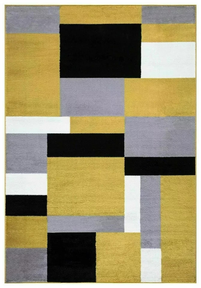 Beige Brown Kilas Modern Geometric Rug full view showing mustard, black, grey and white blocks Rugstars UK