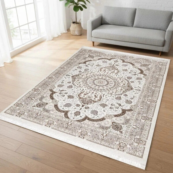Beige Crystal Traditional Medallion Rug in beige and cream in a room setting Rugstars UK