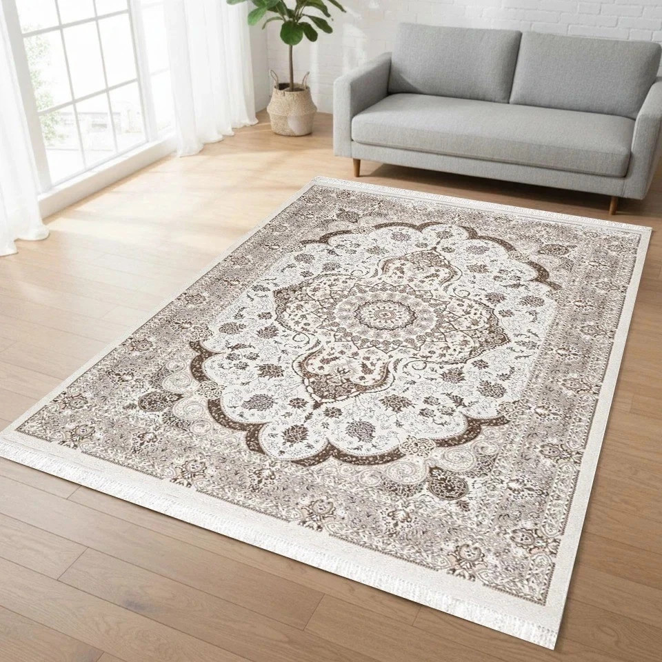 Beige Crystal Traditional Medallion Rug in beige and cream in a room setting Rugstars UK