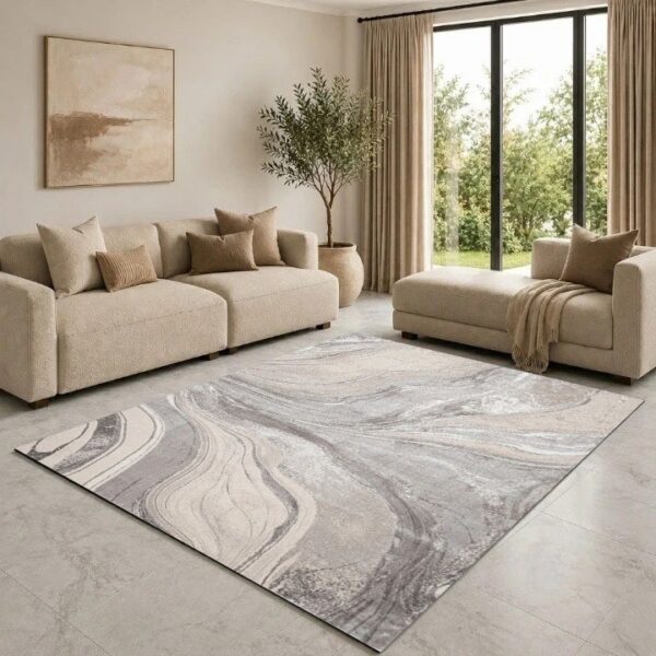 Beige Gant Marble Effect Rug in cream, beige and grey in a living room Rugstars UK