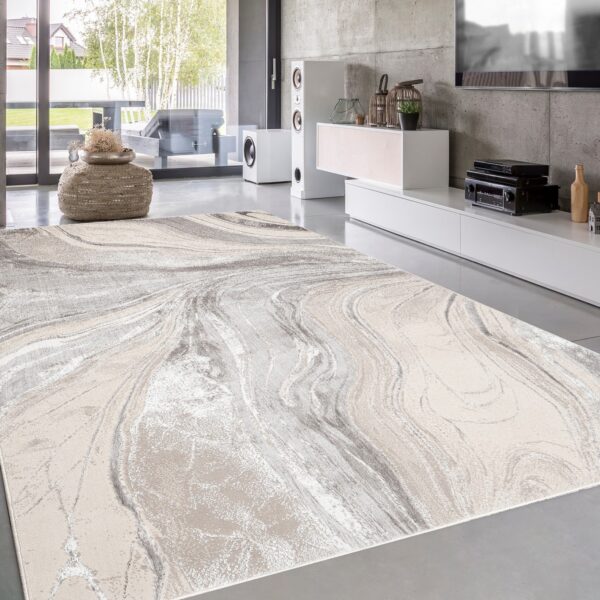 Beige Gant Marble Effect Rug in cream, beige and grey in a bright room setting Rugstars UK