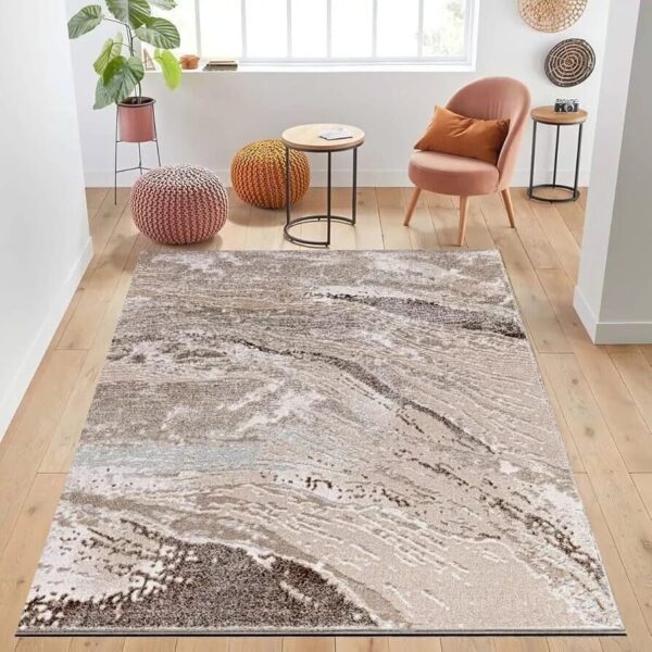 Beige Jeze Modern Distressed Rug in beige and cream in a room setting Rugstars UK