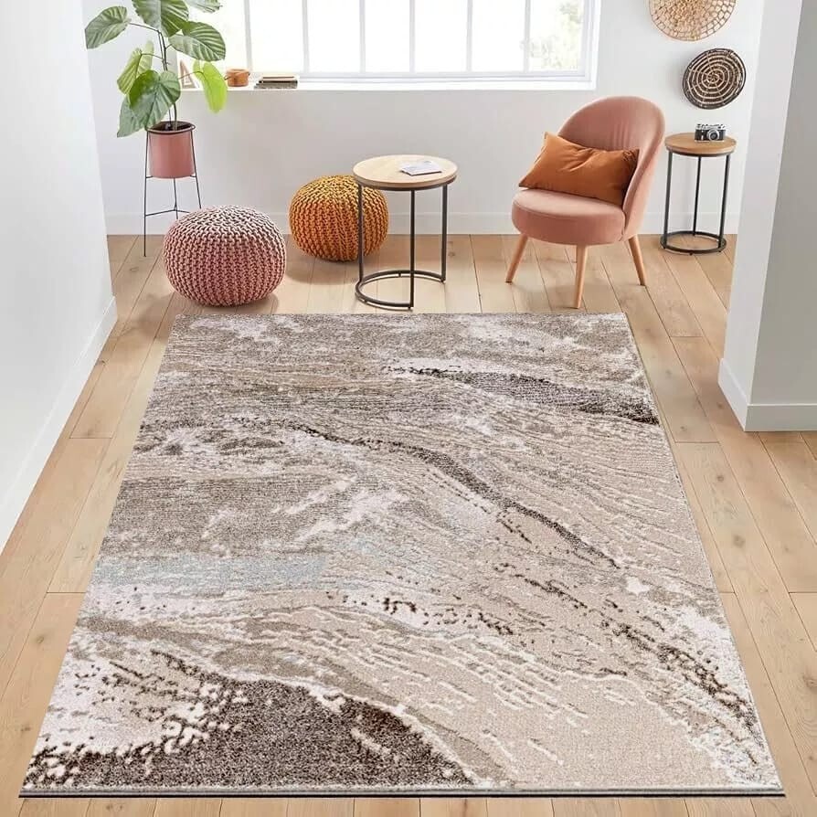 Beige Jeze Modern Distressed Rug in beige and cream in a room setting Rugstars UK