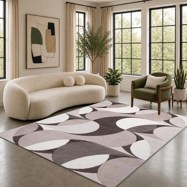 Beige Kenzo Geometric Area Rug in brown, beige and cream in a room setting Rugstars UK