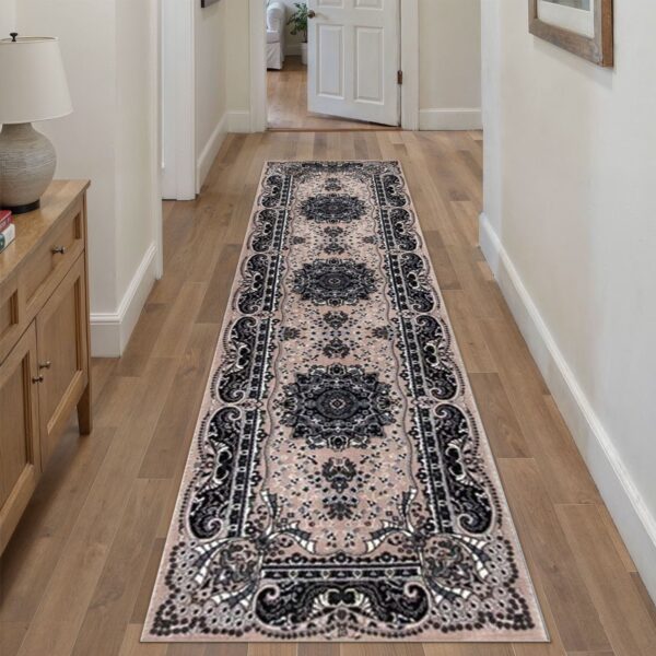 Beige Rada Traditional Runner Rug in beige and taupe in a room setting Rugstars UK