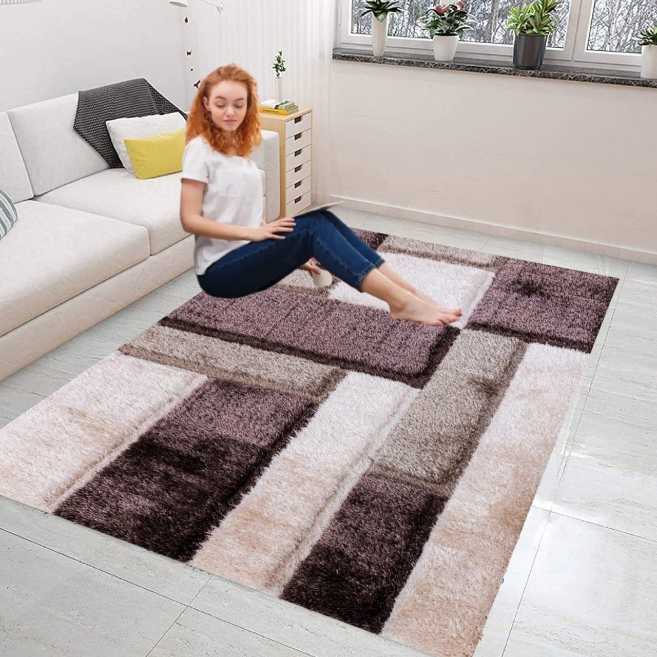 Beige Zonic Patchwork Shaggy Rug detail view 1 Rugstars UK