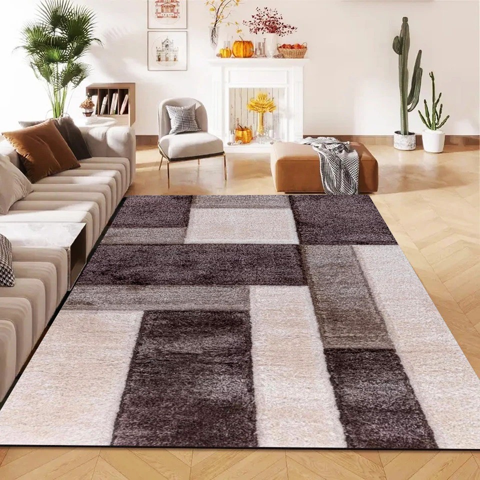 Beige Zonic Patchwork Shaggy Rug in brown and beige in a room setting Rugstars UK