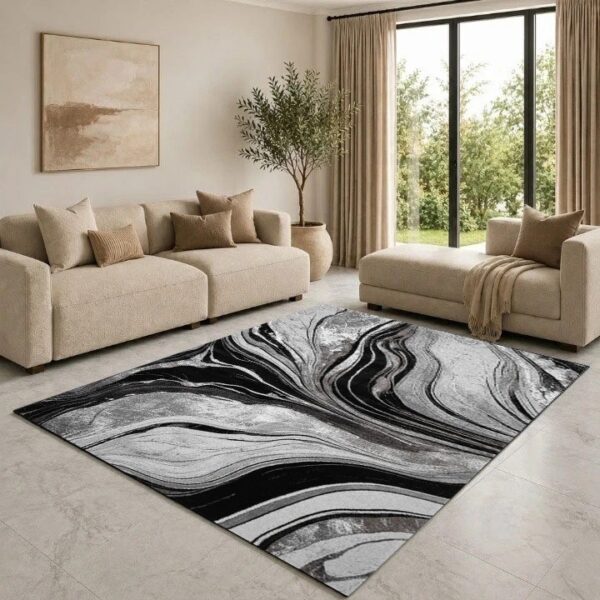 Black Grey Gant Marble Effect Rug in black, grey and white in a living room Rugstars UK