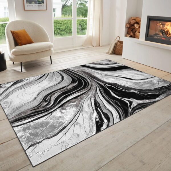 Black Grey Gant Marble Effect Rug in black, grey and white in a bright room setting Rugstars UK