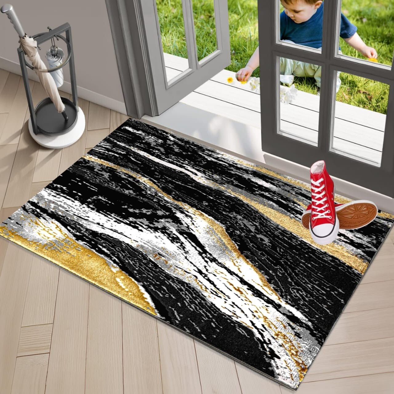 Black Jeze Modern Distressed Rug detail view 2 Rugstars UK