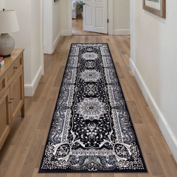Black Rada Traditional Runner Rug in black and grey in a room setting Rugstars UK