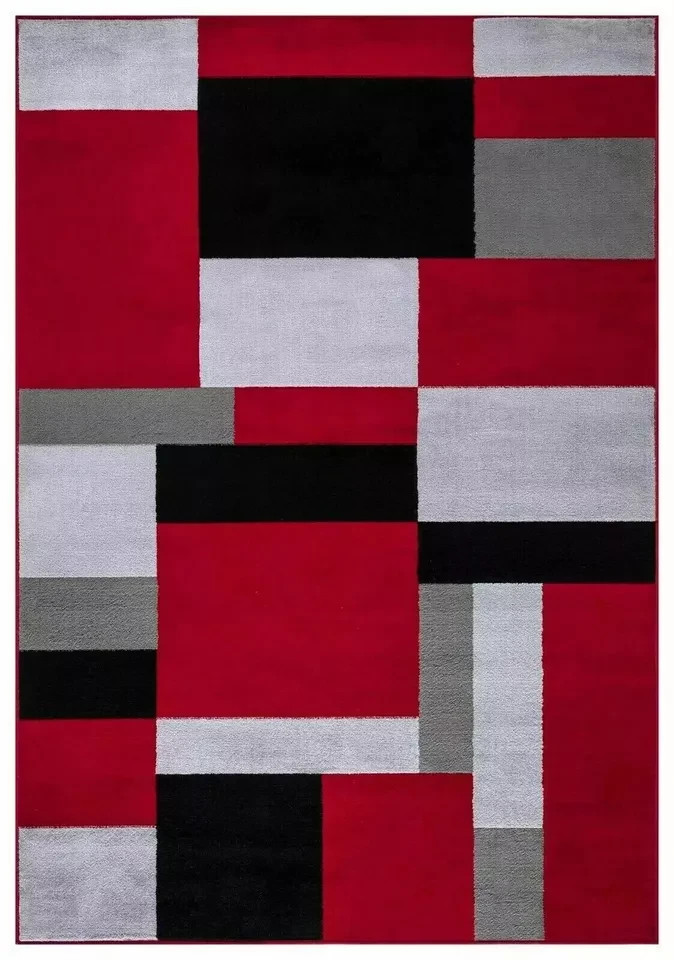 Black Red Kilas Modern Geometric Rug full view showing red, black, grey and white blocks Rugstars UK