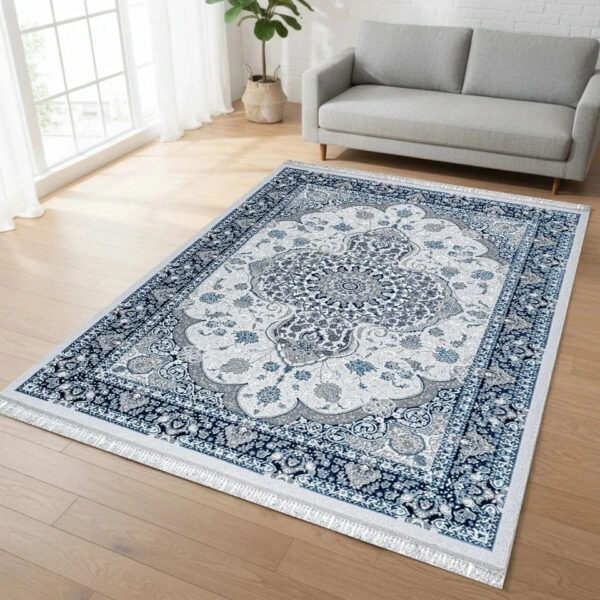 Blue Crystal Traditional Medallion Rug in blue and cream in a room setting Rugstars UK