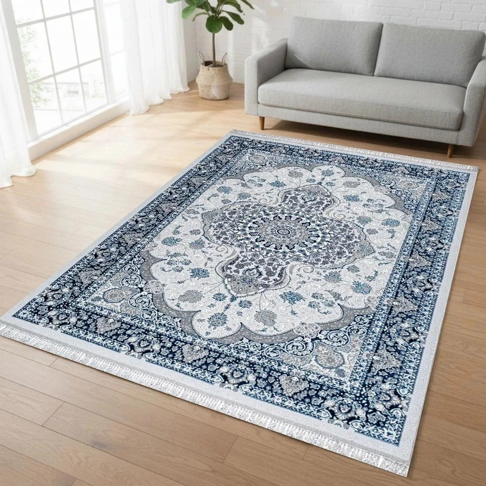 Blue Crystal Traditional Medallion Rug in blue and cream in a room setting Rugstars UK