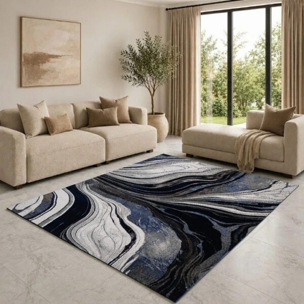 Blue Gant Marble Effect Rug in navy, black and grey in a living room Rugstars UK