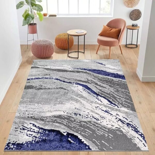 Blue Jeze Modern Distressed Rug in grey and blue in a room setting Rugstars UK