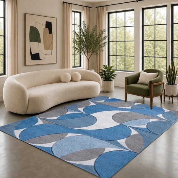 Blue Kenzo Geometric Area Rug in blue and grey in a room setting Rugstars UK