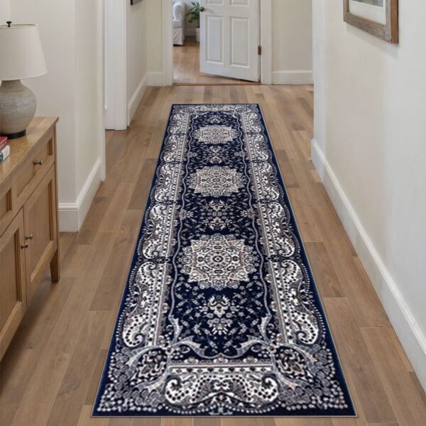 Blue Rada Traditional Runner Rug in navy and cream in a room setting Rugstars UK