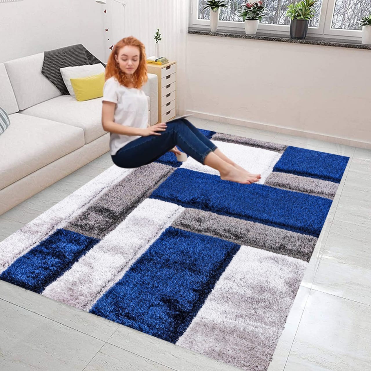 Blue Zonic Patchwork Shaggy Rug detail view 1 Rugstars UK