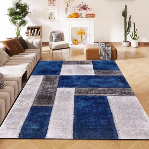 Blue Zonic Patchwork Shaggy Rug in blue and grey in a room setting Rugstars UK