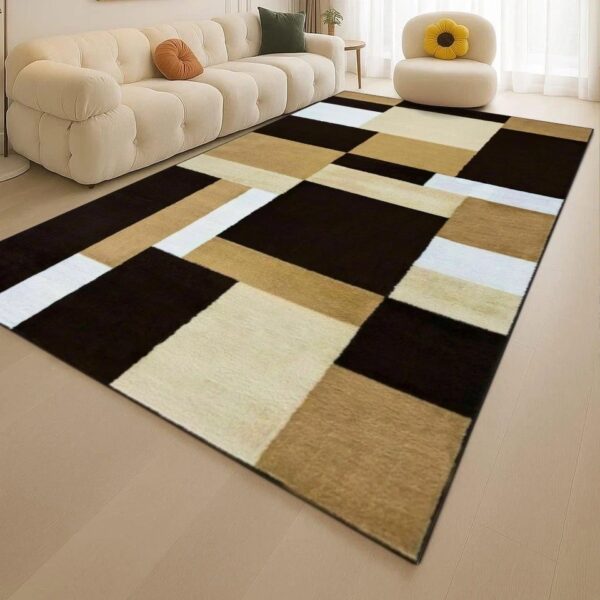 Brown Beige Kilas Modern Geometric Rug with brown, beige and cream blocks in a living room Rugstars UK