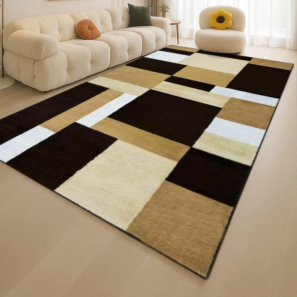 Brown Beige Kilas Modern Geometric Rug with brown, beige and cream blocks in a living room Rugstars UK