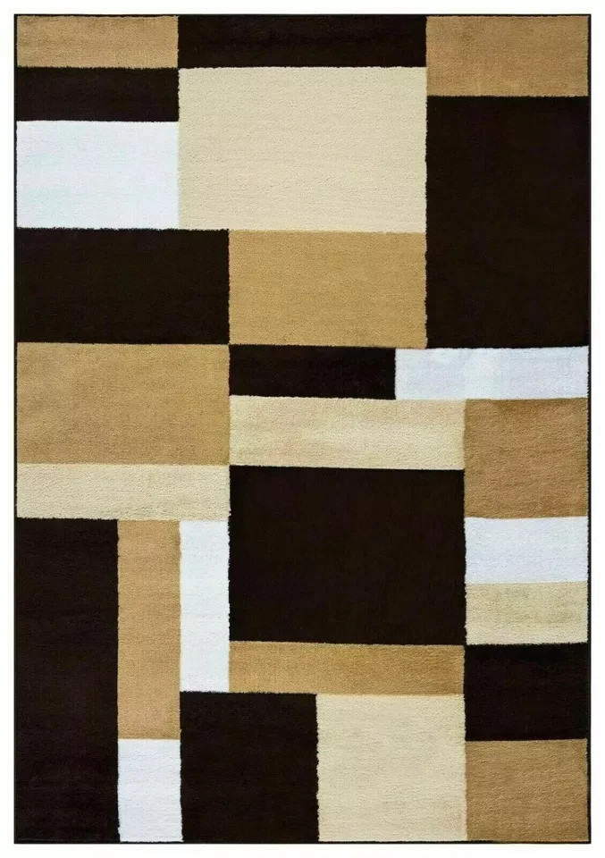 Brown Beige Kilas Modern Geometric Rug full view showing brown, beige and cream blocks Rugstars UK