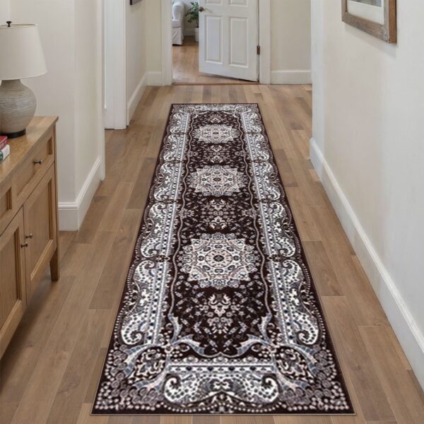 Brown Rada Traditional Runner Rug in brown and beige in a room setting Rugstars UK