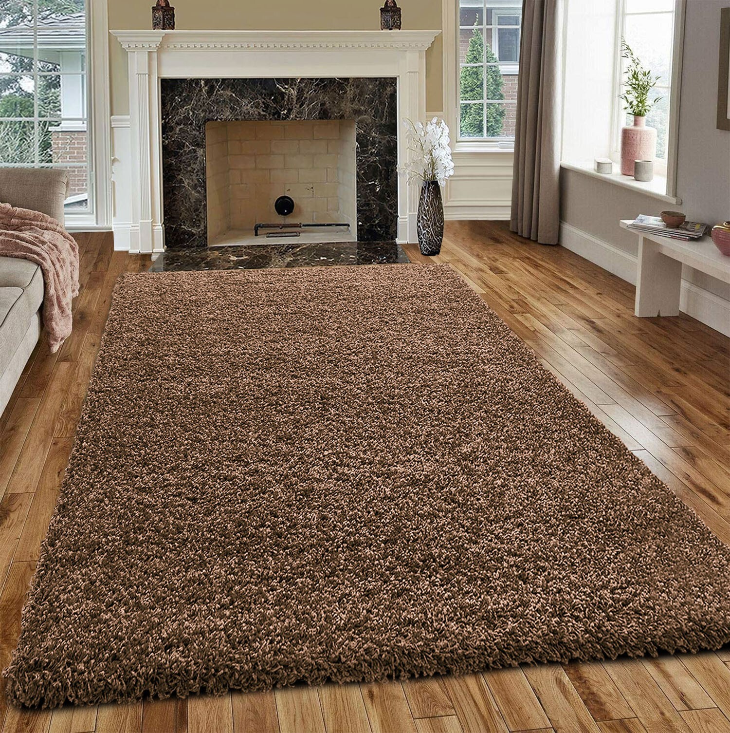 Coffee Verona Thick Shaggy Rug in coffee brown in a living room Rugstars UK