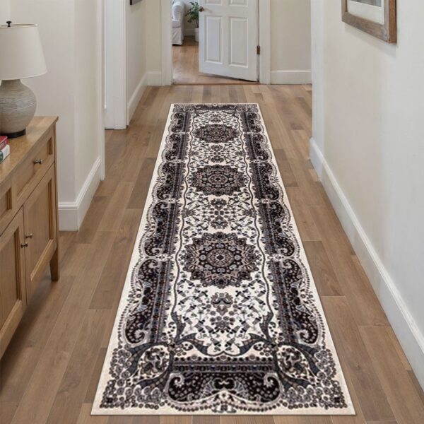 Cream Rada Traditional Runner Rug in cream and grey in a room setting Rugstars UK