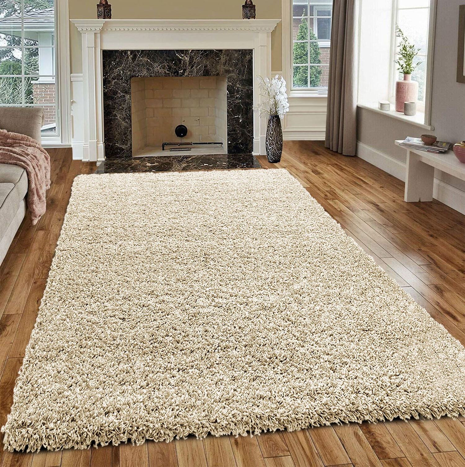 Cream Verona Thick Shaggy Rug in a living room Rugstars UK