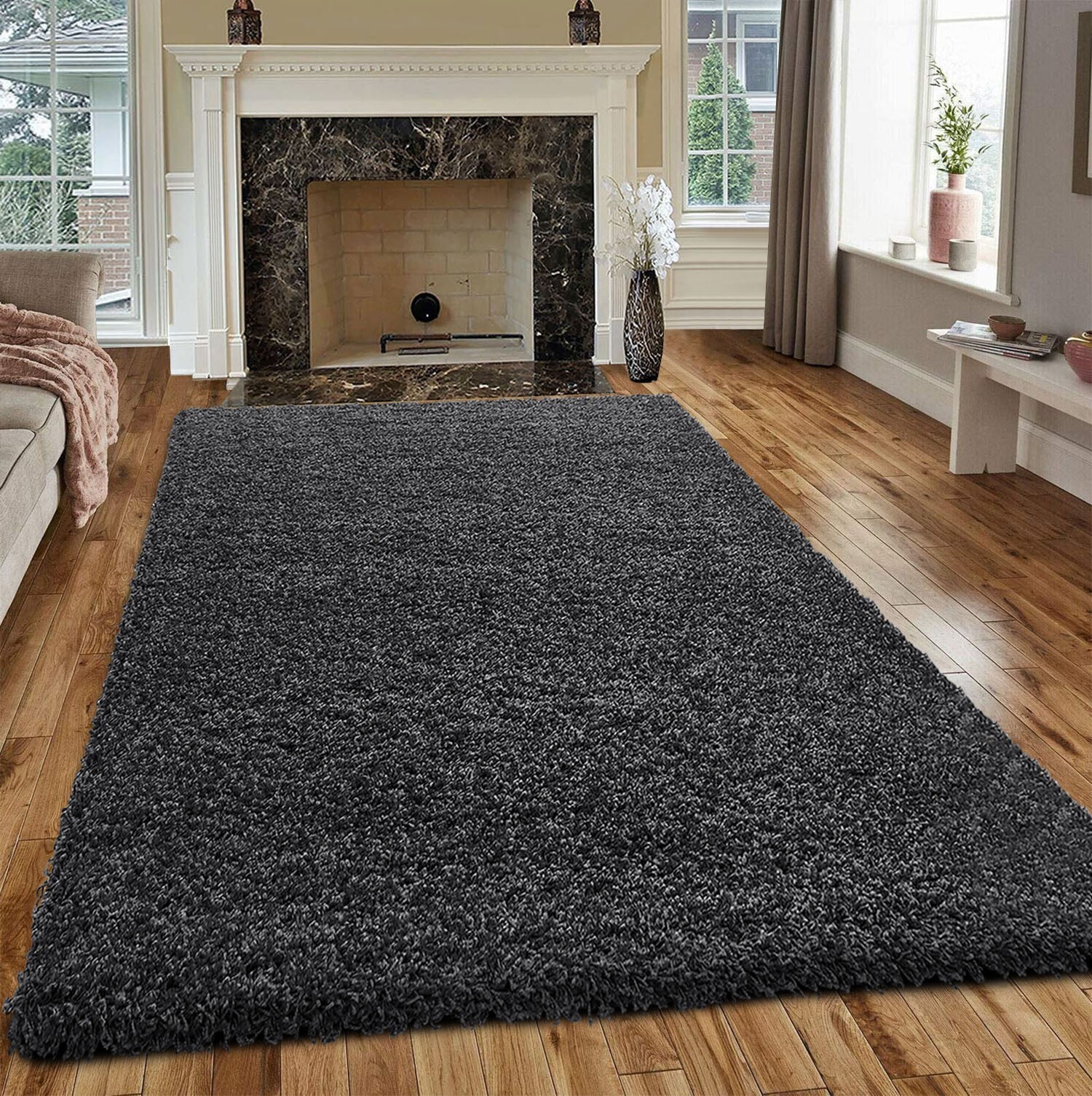 Dark Grey Verona Thick Shaggy Rug in a living room Rugstars UK