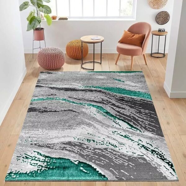 Emerald Jeze Modern Distressed Rug in grey and emerald in a room setting Rugstars UK