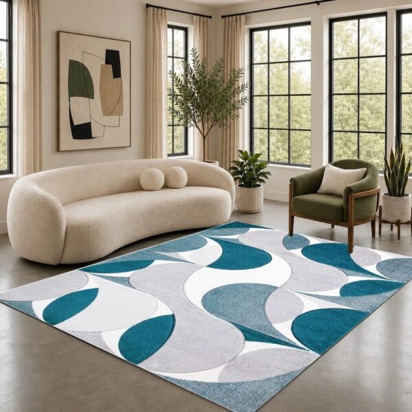 Emerald Kenzo Geometric Area Rug in emerald teal and grey in a room setting Rugstars UK