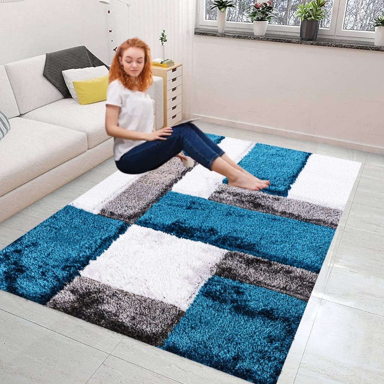 Emerald Zonic Patchwork Shaggy Rug detail view 5 Rugstars UK