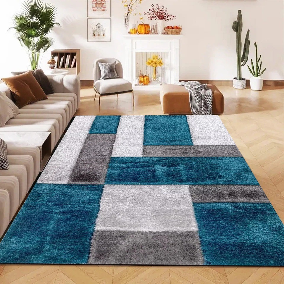 Emerald Zonic Patchwork Shaggy Rug in emerald and grey in a room setting Rugstars UK