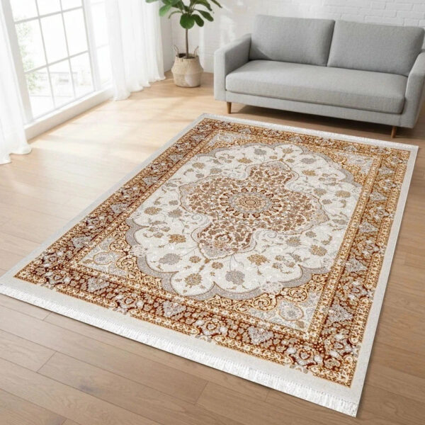 Gold Crystal Traditional Medallion Rug in gold and cream in a room setting Rugstars UK