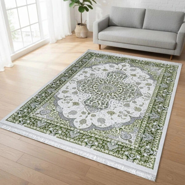Green Crystal Traditional Medallion Rug in green and cream in a room setting Rugstars UK