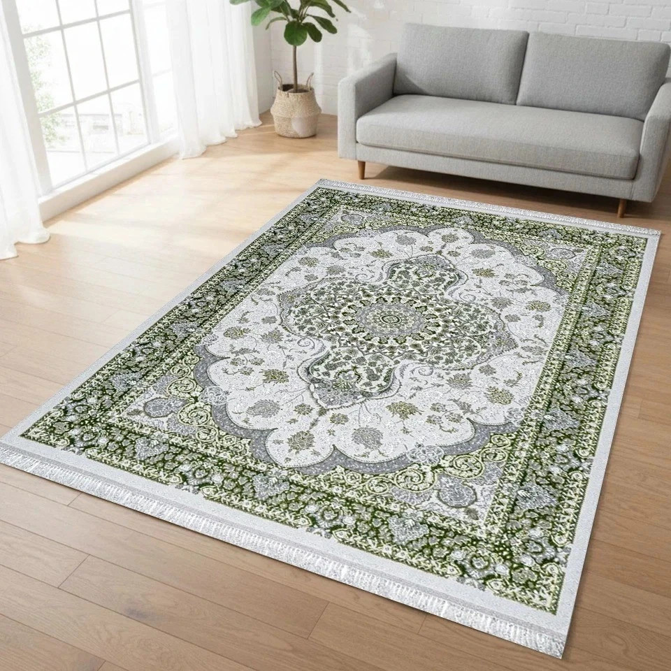 Green Crystal Traditional Medallion Rug in green and cream in a room setting Rugstars UK