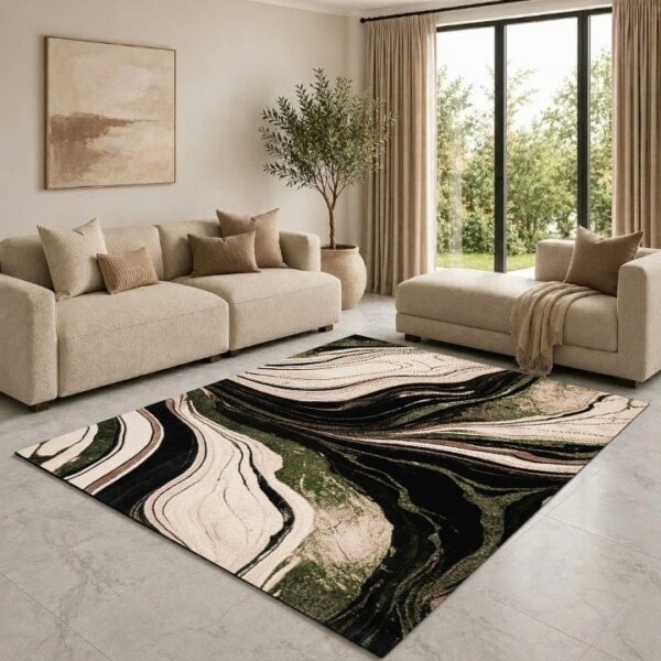 Green Gant Marble Effect Rug in black, cream and green in a living room Rugstars UK