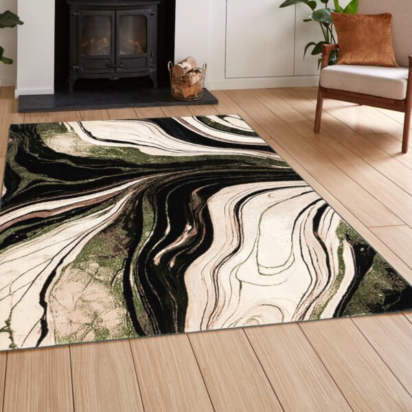 Green Gant Marble Effect Rug in black, cream and green in a bright room setting Rugstars UK