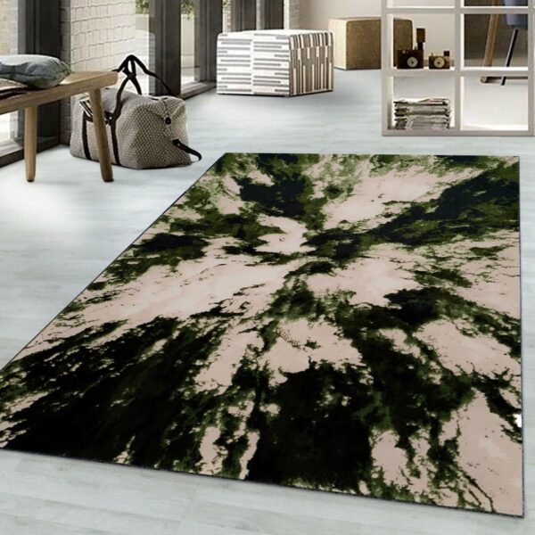 Green Harlo Abstract Area Rug in dark green and cream in a living room Rugstars UK