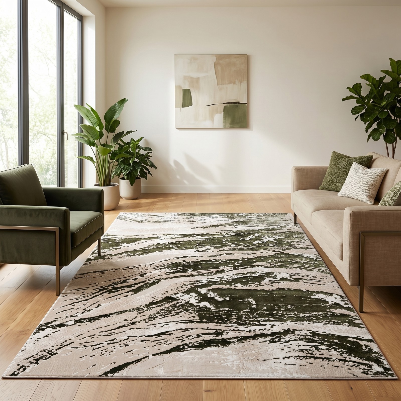 Green Jeze Modern Distressed Rug in dark green and black in a room setting Rugstars UK
