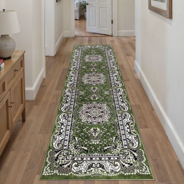 Green Rada Traditional Runner Rug in green and cream in a room setting Rugstars UK
