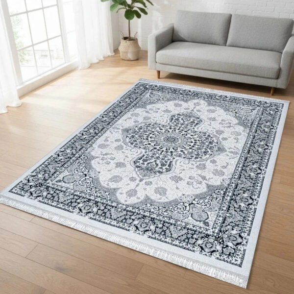 Grey Crystal Traditional Medallion Rug in grey and silver in a room setting Rugstars UK