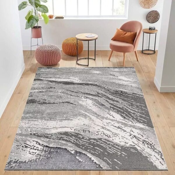 Grey Jeze Modern Distressed Rug in grey and white in a room setting Rugstars UK