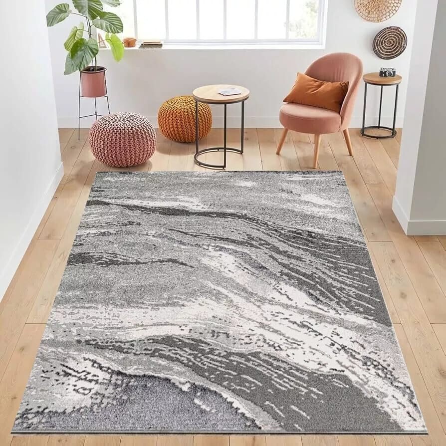 Grey Jeze Modern Distressed Rug in grey and white in a room setting Rugstars UK