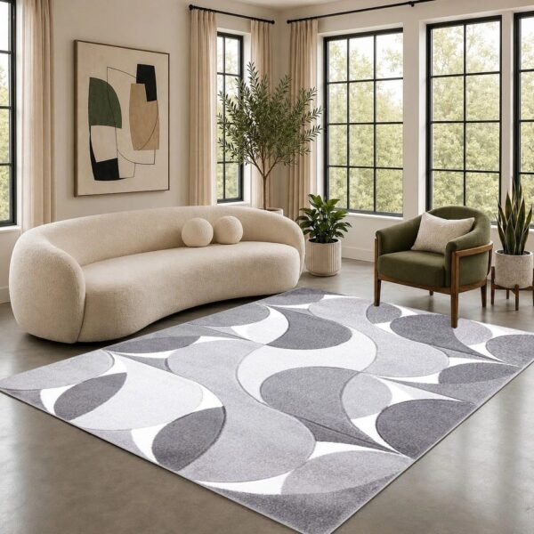Grey Kenzo Geometric Area Rug in grey and white in a room setting Rugstars UK